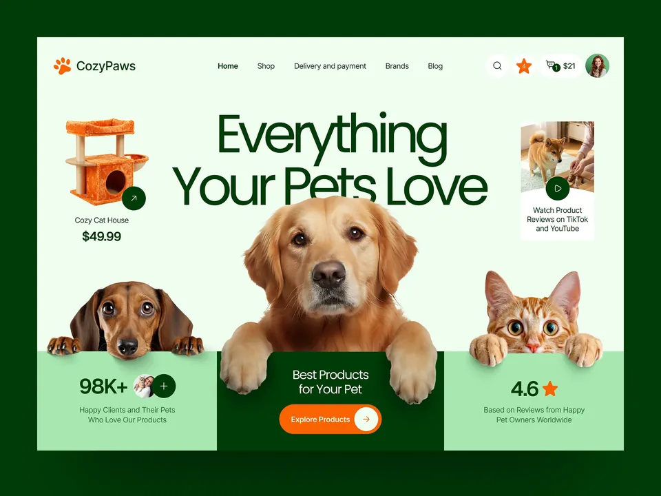 CozyPaws pet store website hero